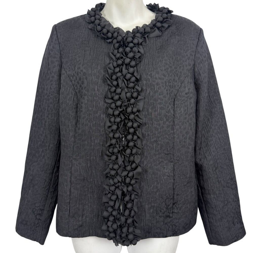 Chicos Forget Me Knot Cheetah Animal Print Blazer Jacket Ruffle Black sz 1 / M